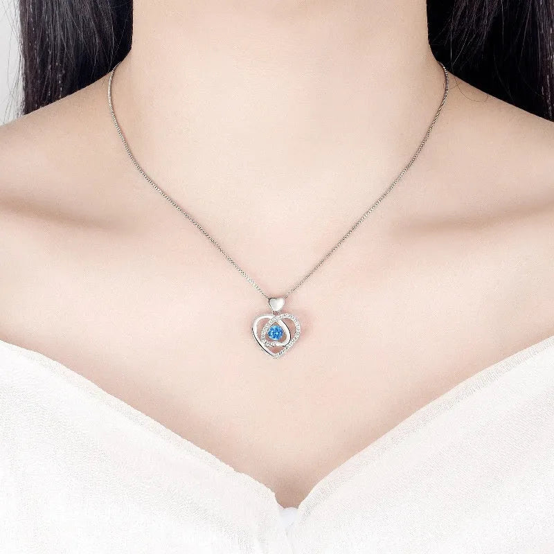 Blue diamond electroplated copper heart necklace and bracelet set with mixed gem inlaid pendant on adjustable 41-50cm chain