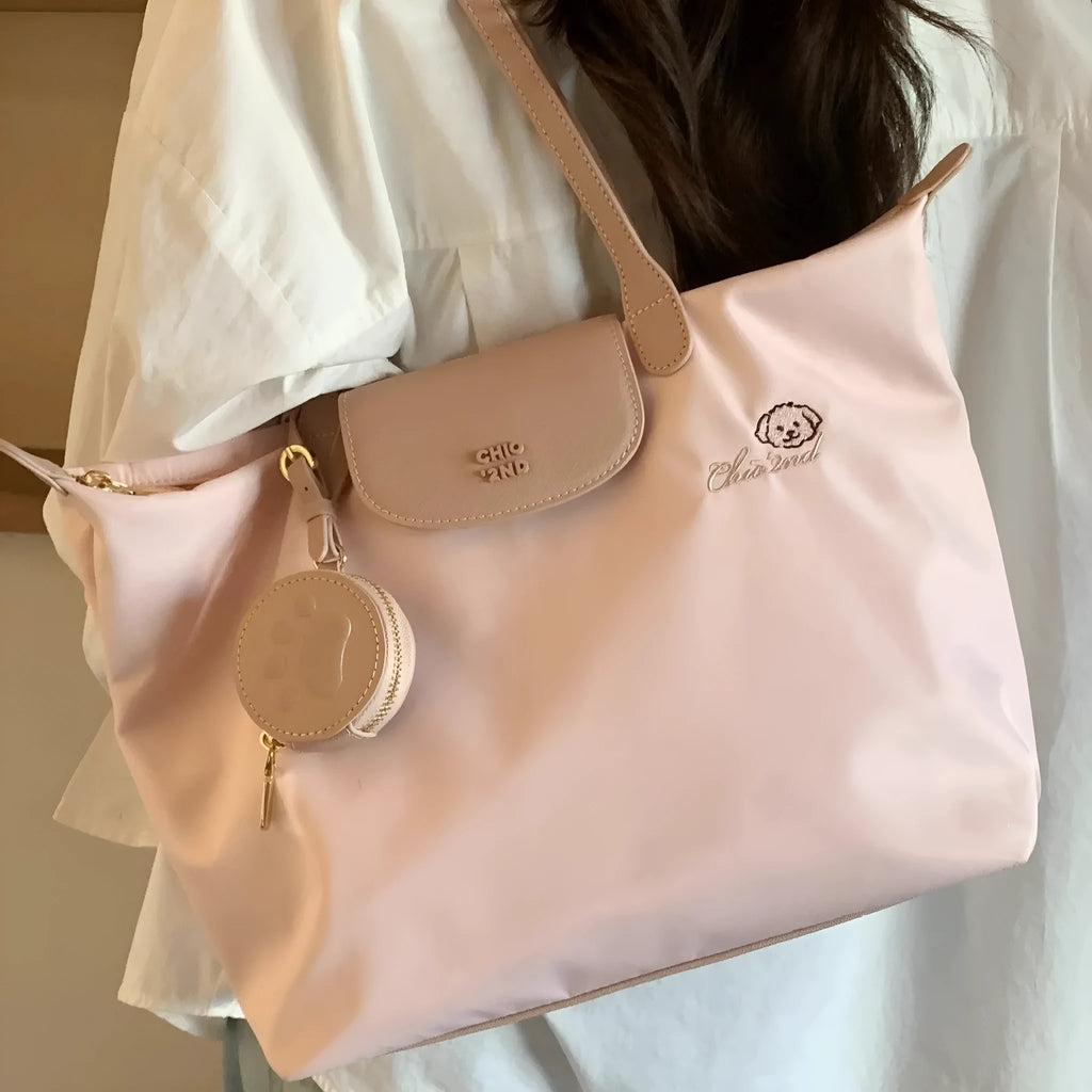 Women's structured square Oxford cloth tote shoulder bag with mobile phone compartment in pink colour