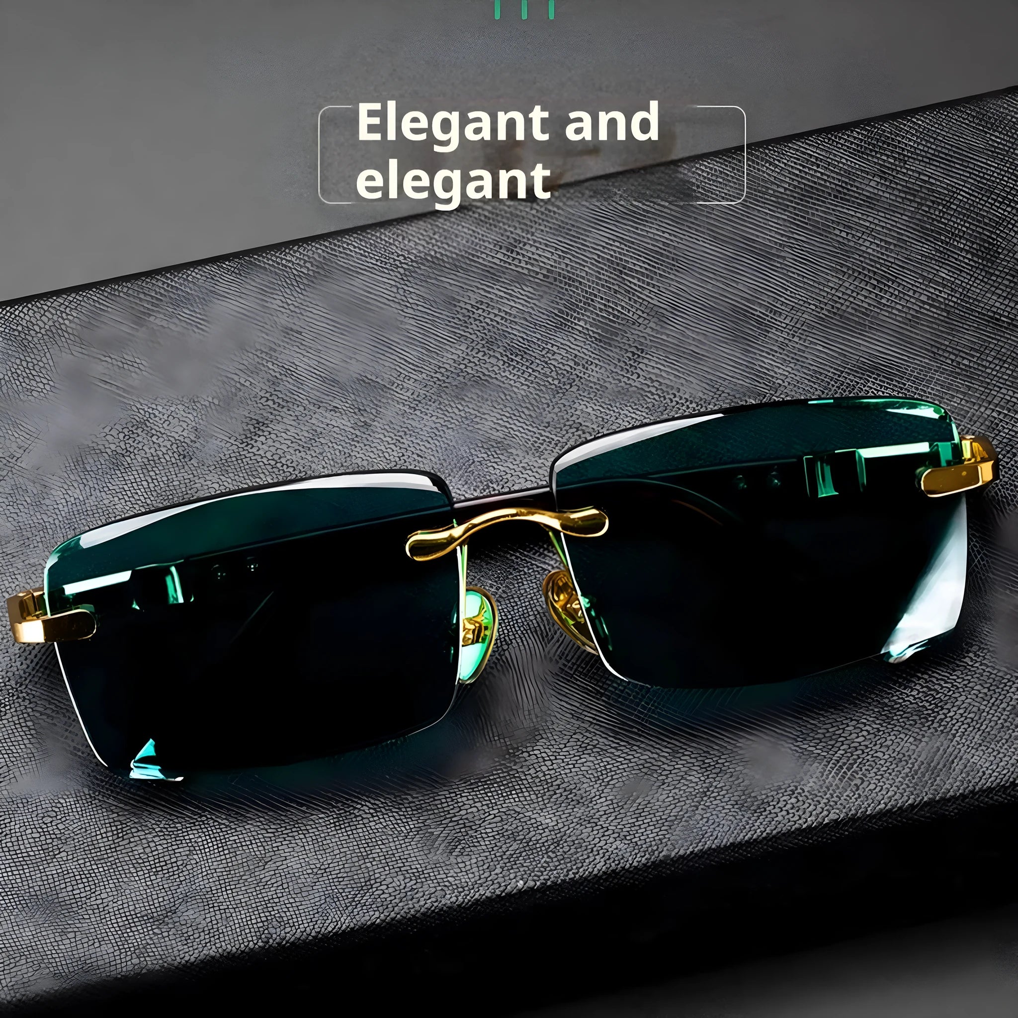 A pair of frameless rectangular sunglasses with dark green crystal lenses, a case, and a lens cloth.