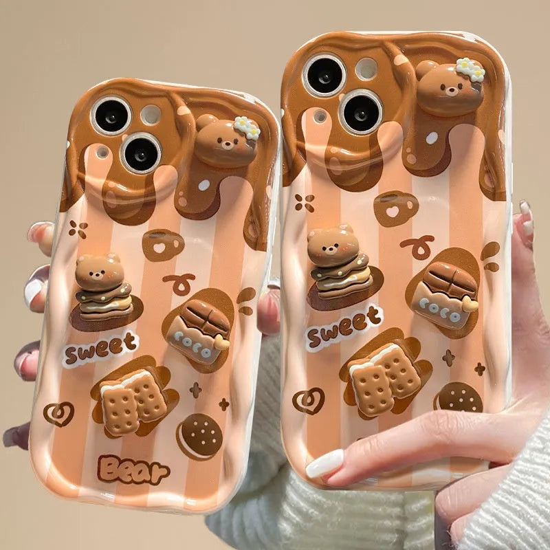 Cream pattern silicone phone case with chocolate bear doll lanyard for iPhone 15 Pro