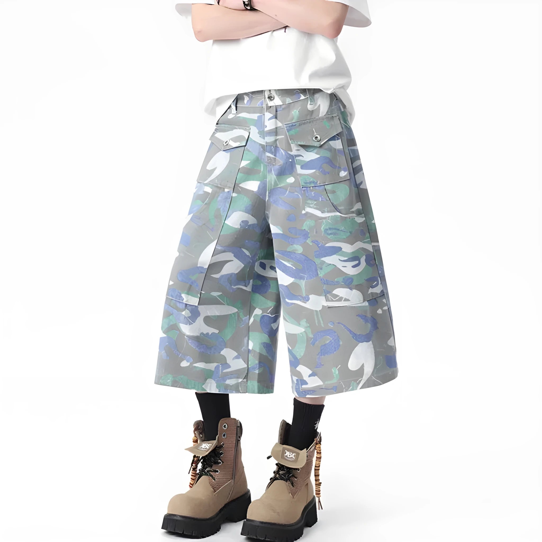 Denim camouflage cropped trousers with front pocket and straight-leg design for summer workwear