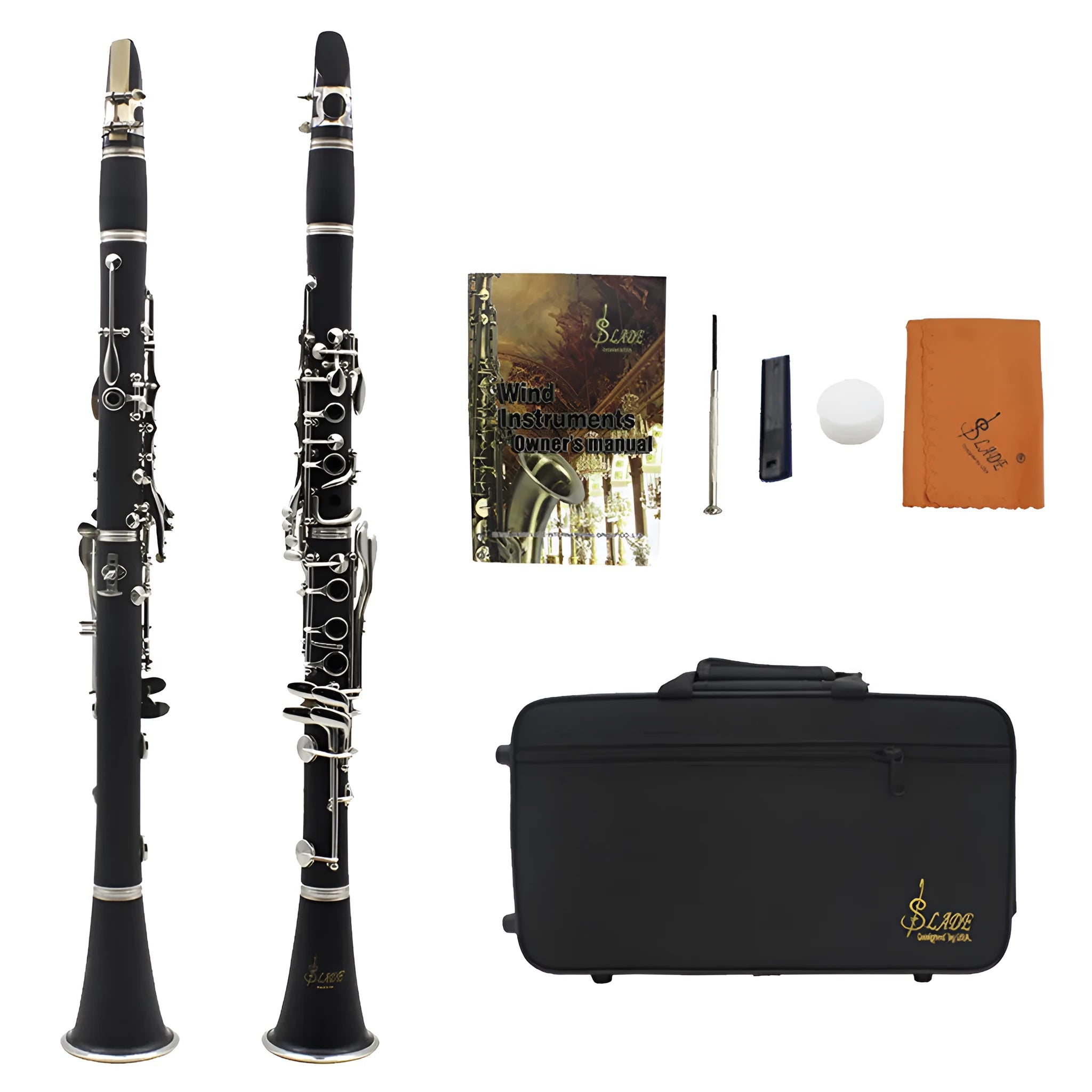 Black Bakelite clarinet with nickel-plated keys and carrying bag for beginner musicians