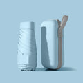 Compact six-fold umbrella in mint green with a capsule box, showing its folded size and rubber handle.