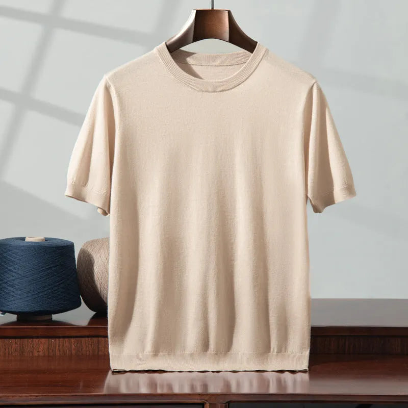 Men's knitted thin short sleeve round neck loose casual top in multiple colours: white, glacier blue, dark blue, black, cocoa brown, light gray, elegant beige, rock gray