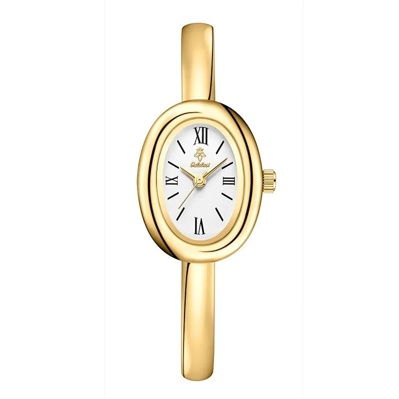 Women's multifunctional oval retro quartz watch in gold with spiral pattern dial and slim case