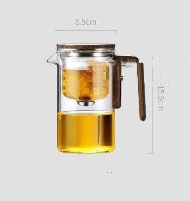 One click magnetic separation glass teapot with walnut wood handle and tea tray