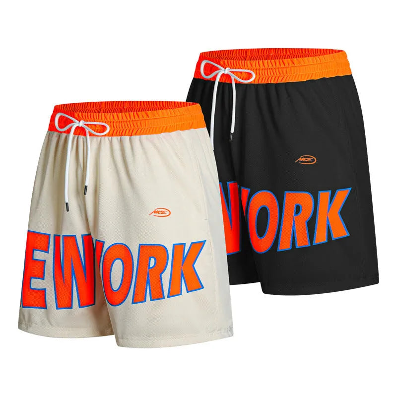 Printed lettered casual men's breathable shorts in black, straight leg, Korean style polyester film fiber