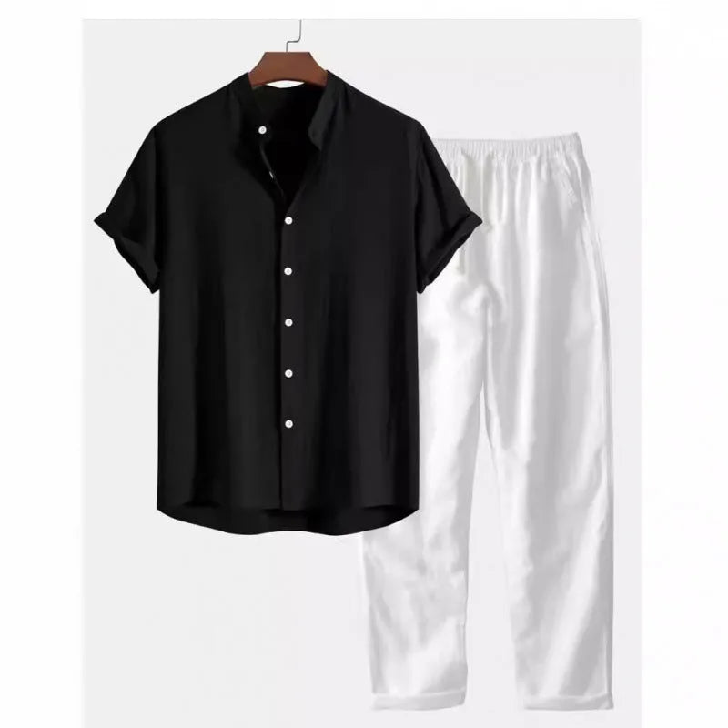 Men's casual matching shirt and trousers set in linen-blend fabric with short sleeves