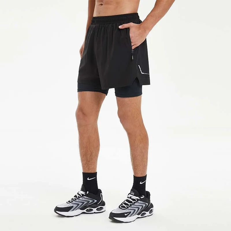 Summer men's double-layer running shorts in black with high elastic fabric and inner liner