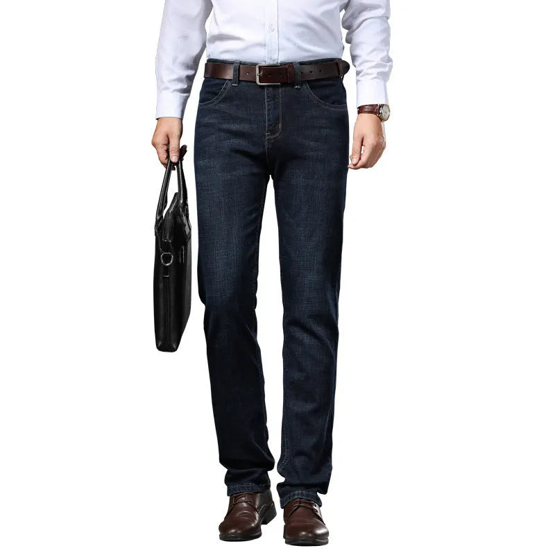 Man wearing black high-elasticity loose-fit straight-leg jeans, business casual style