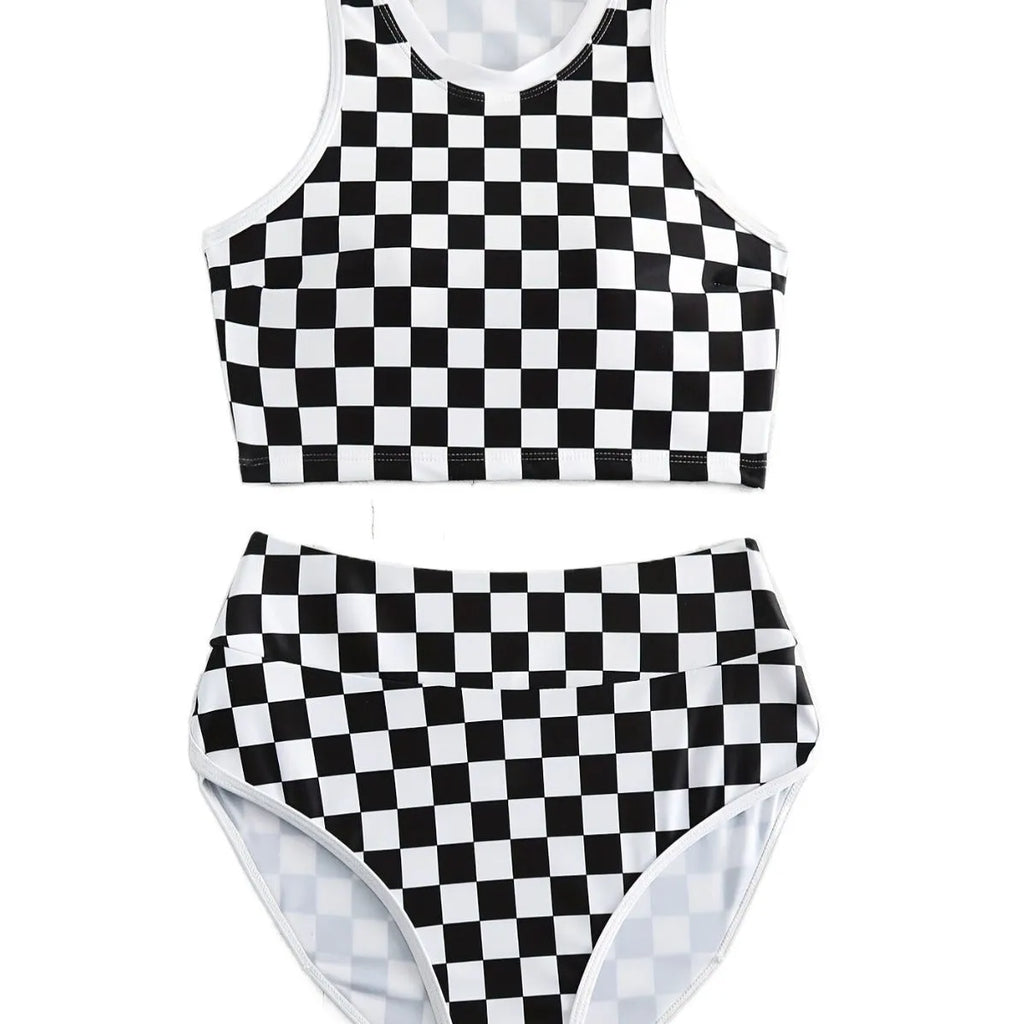 Racing one-piece swimsuit with suspender backless design chessboard plaid pattern polyester sporty style for women