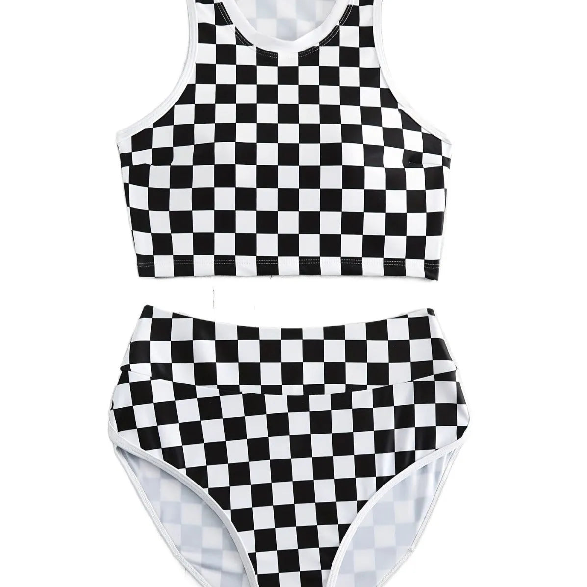 Racing one-piece swimsuit with suspender backless design chessboard plaid pattern polyester sporty style for women