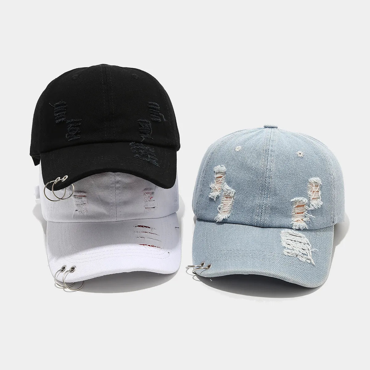 Men's cotton denim peaked cap in black with adjustable strap and dome crown for street style sunshade.