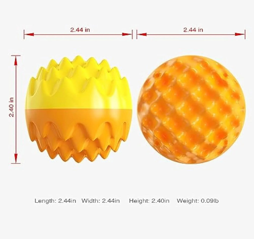 Blue and orange squeaky dog ball with spiky surface for dental cleaning and water fetch