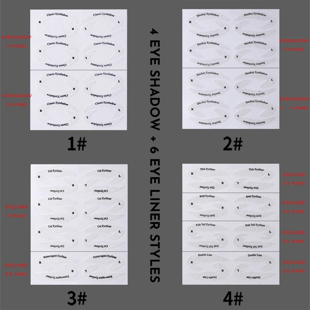 Four reusable eyeliner stencil templates for makeup application including wing and cat-eye designs