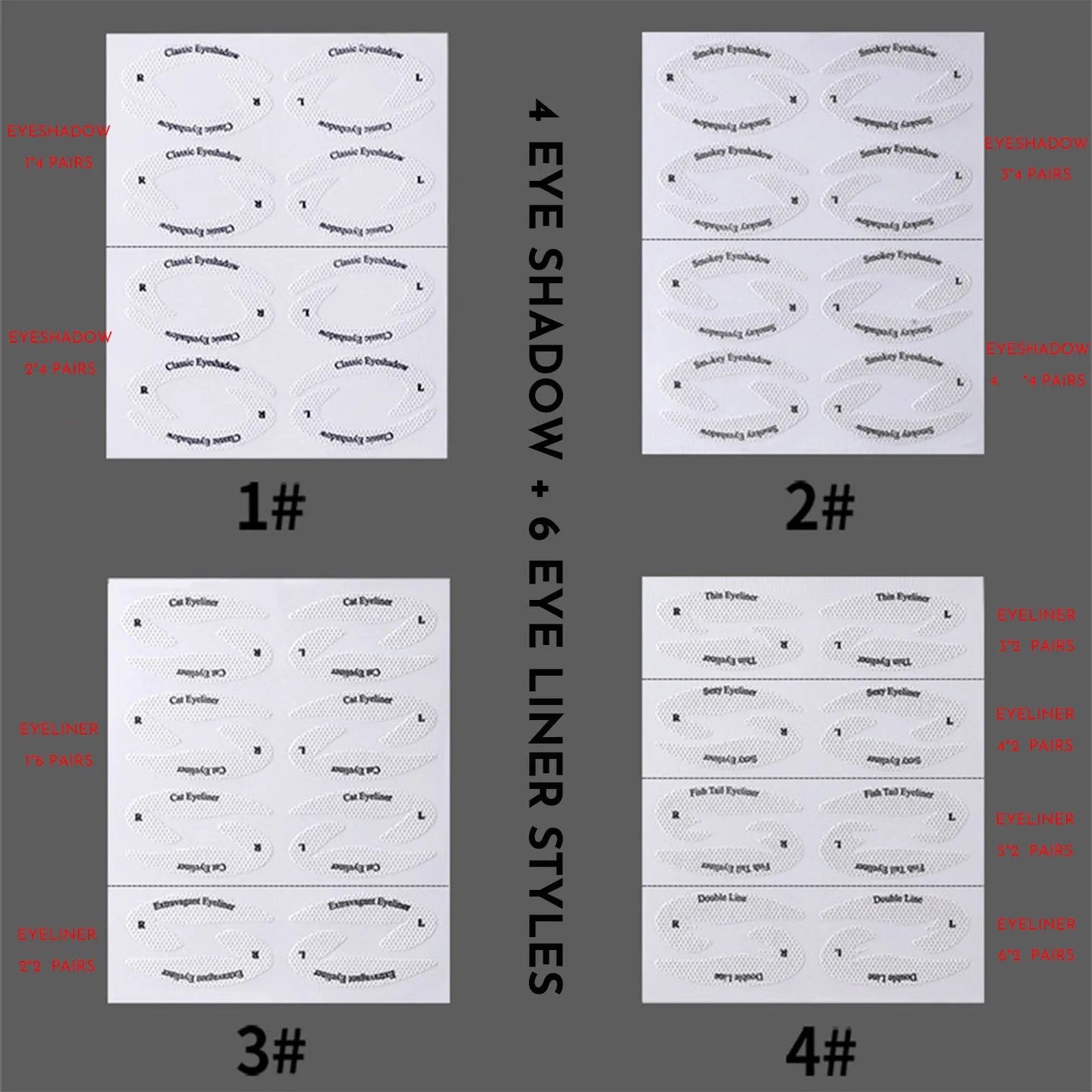 Four reusable eyeliner stencil templates for makeup application including wing and cat-eye designs