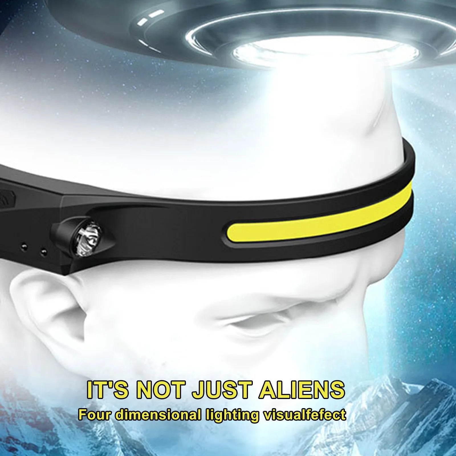 COB LED induction headlamp with wave sensor, silicone headband, USB rechargeable, 230 degree wide angle front beam and separate side LED for 100m long distance