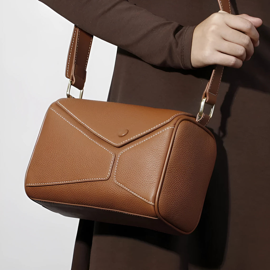 Genuine leather women's crossbody bag in brown, first layer cowhide, soft square shape with zipper changing bag