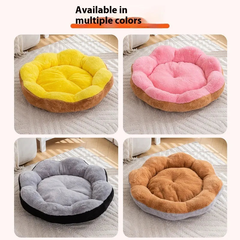 Washable thick rabbit plush round cat bed in yellow brown, shown in a pet cage.