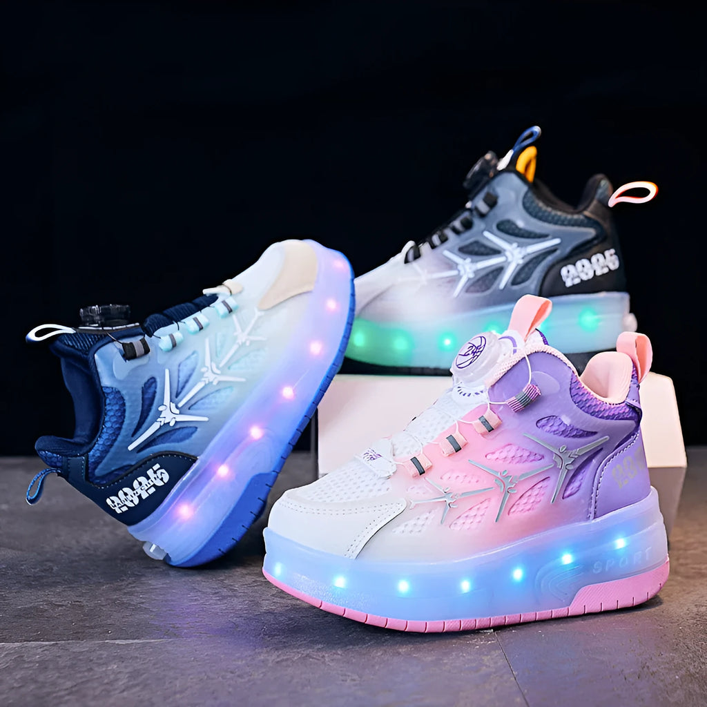 Children's blue, black, and pink striped roller skates with twist-button fastening on a PVC sole.