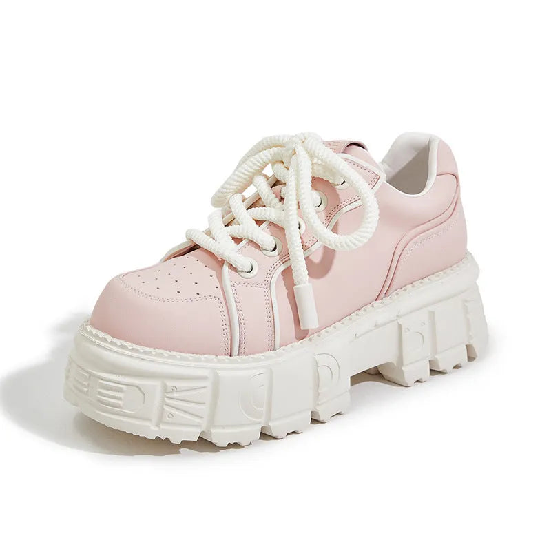 Beige and pink leather casual shoes with solid-colour design and height-increasing construction