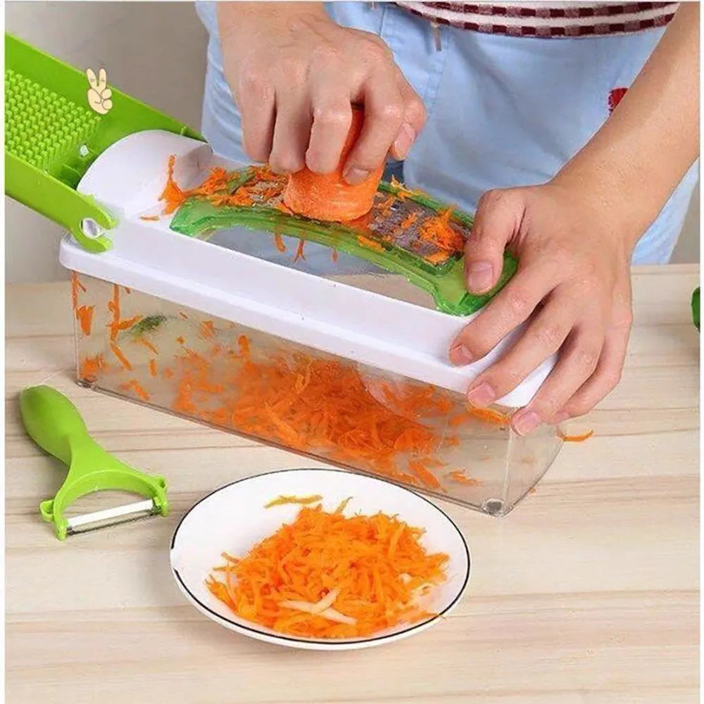 12-piece green hand operated vegetable chopper set with multiple graters and blades on a white background