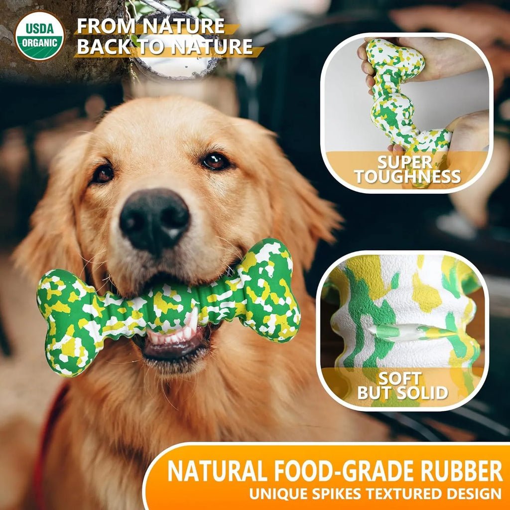 Natural rubber dog bone chew toy with camouflage pattern for medium and large breed dogs.