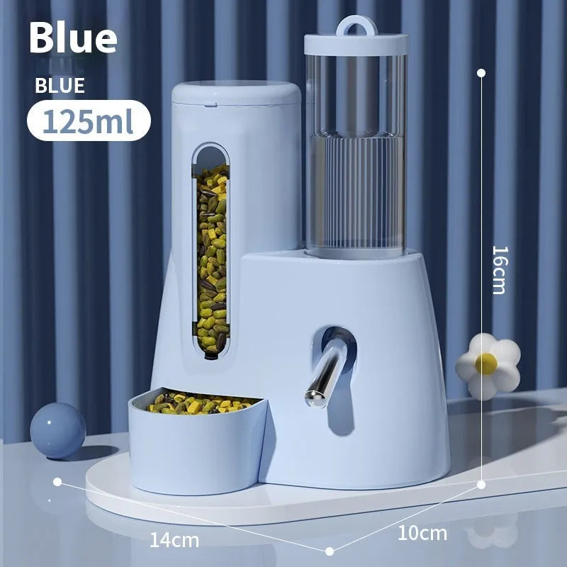 Hamster automatic drinking water feeder with food basin in blue pink or white colour options