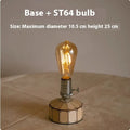 Retro rechargeable bedside ambient light with wooden base and ST64 bulb on a bedside table