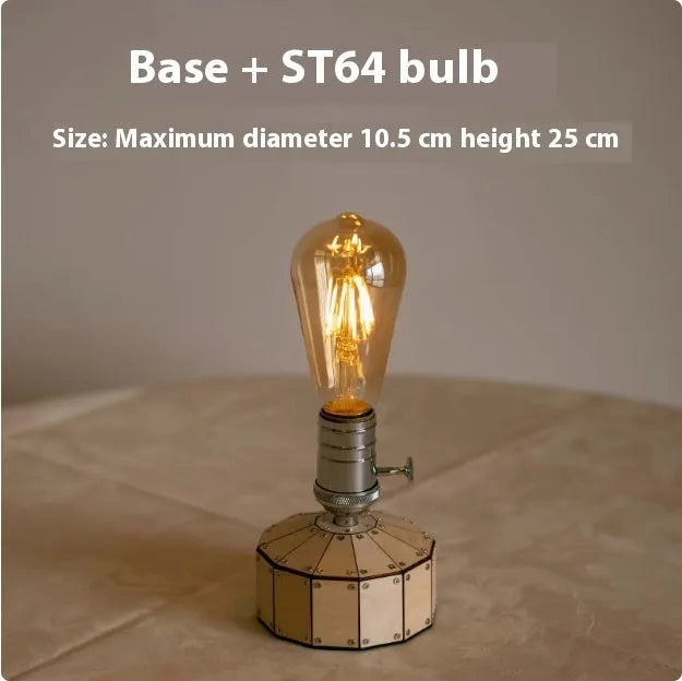Retro rechargeable bedside ambient light with wooden base and ST64 bulb on a bedside table