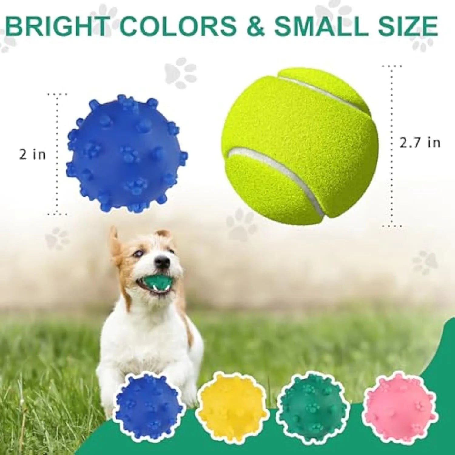 Bright colour spiked dog toy balls with paw print dimples for small breed chewing and fetch games
