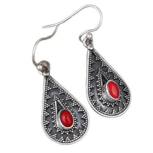 Silver water drop earrings with red pine gemstone in retro style for women