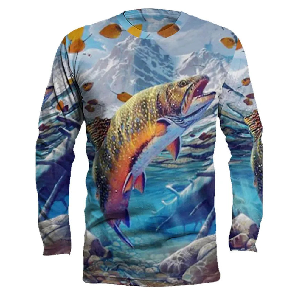 Men's grey long sleeve pullover with an all-over blue and white fish print, round neck, casual fit