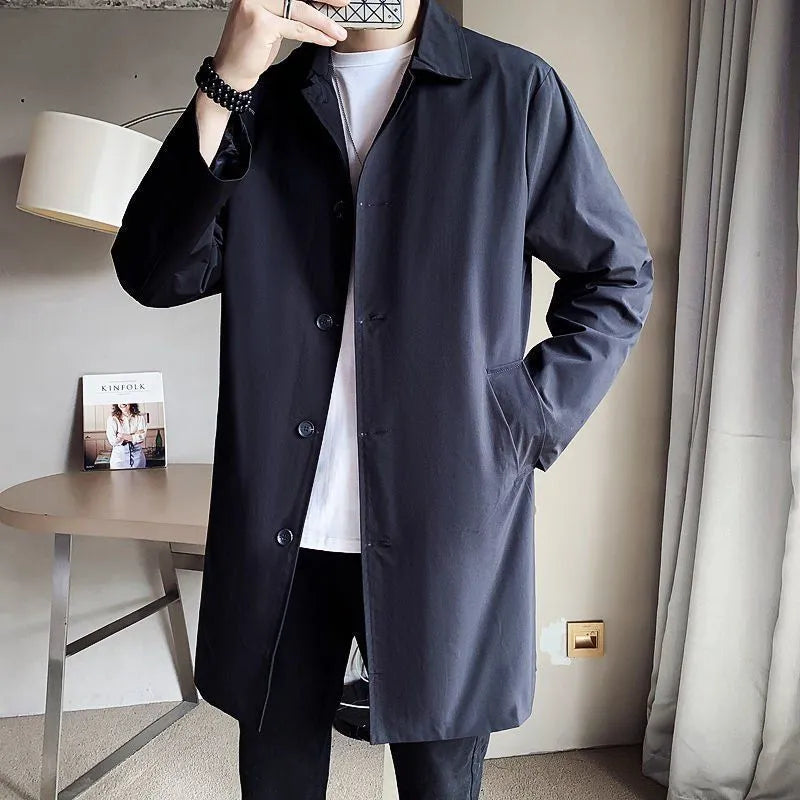 Men's mid-length loose rabbit fur trench coat in khaki, front view, showing relaxed fit