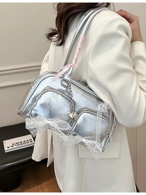 Horizontal square PU leather shoulder bag with double straps and interior phone compartment in beige colour