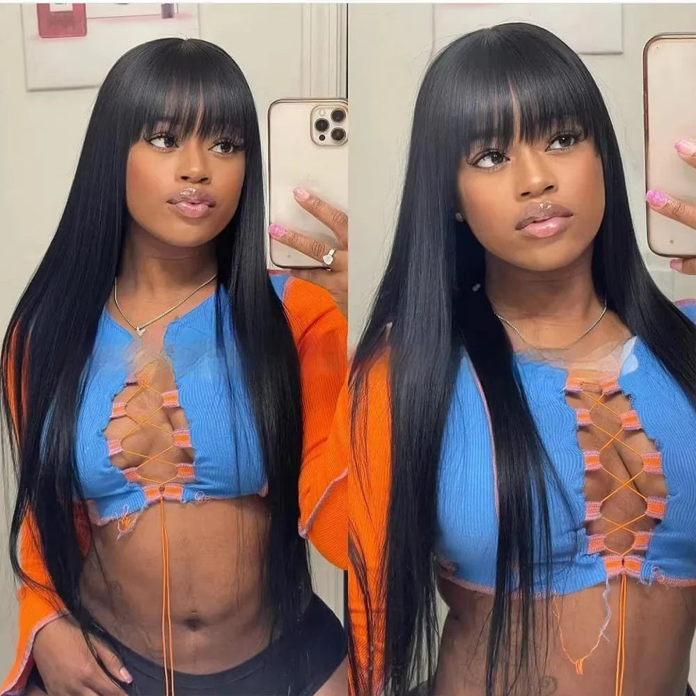 Natural colour human hair straight fringe wig with full-mechanism headgear no lace, 10-32 inch lengths
