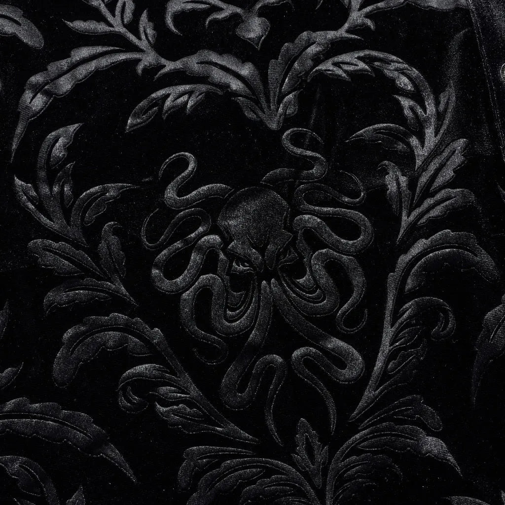 Gothic court college style velvet men's shirt in black with pointed collar and long sleeves