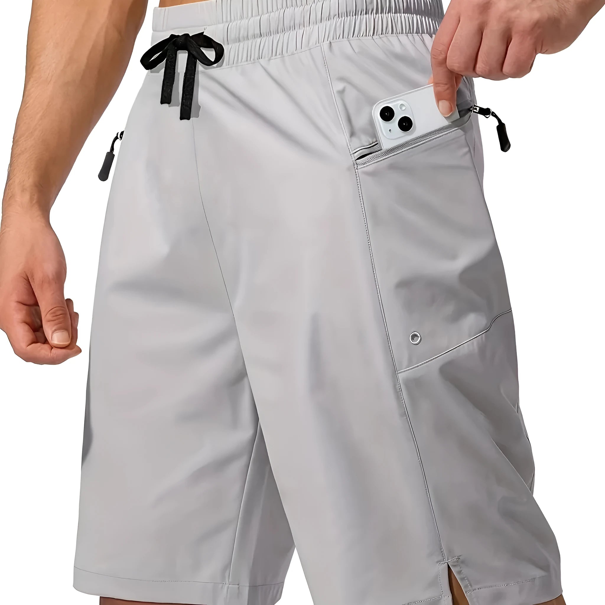 Men's solid colour quick-drying beach shorts in polyester fabric with straight-leg design