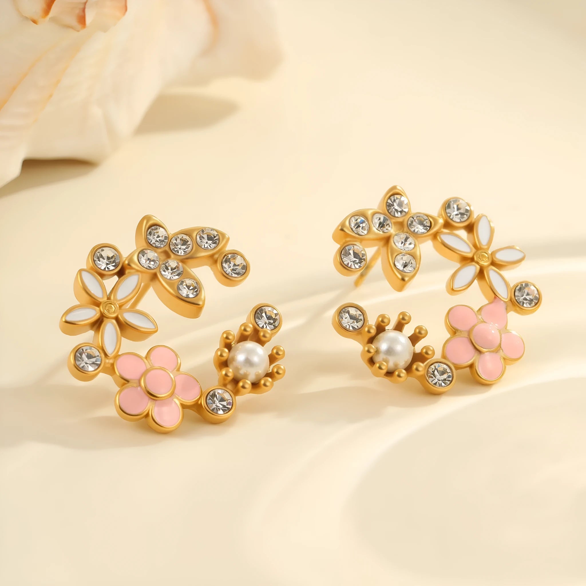 Colourful stainless steel flower petal stud earrings with 18K electroplated finish