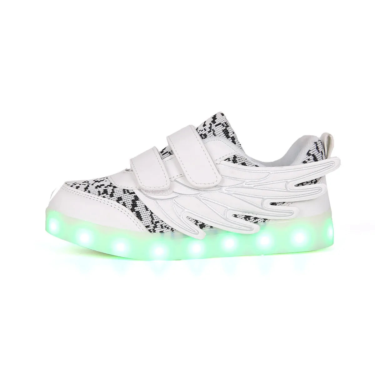 Children's plum red and white LED light up sneakers showing USB charging port and lights illuminated.