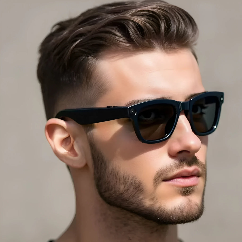 M01 AI translation video glasses with HD camera in head-mounted design for real-time language translation