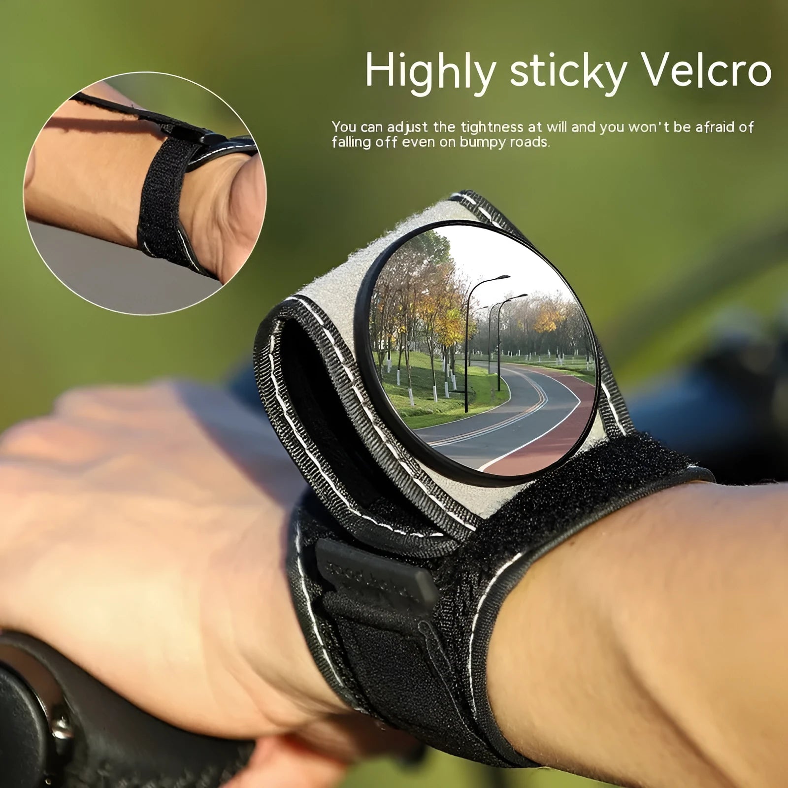 Black nylon bicycle wrist rear-view mirror for cycling safety without handlebar mounting