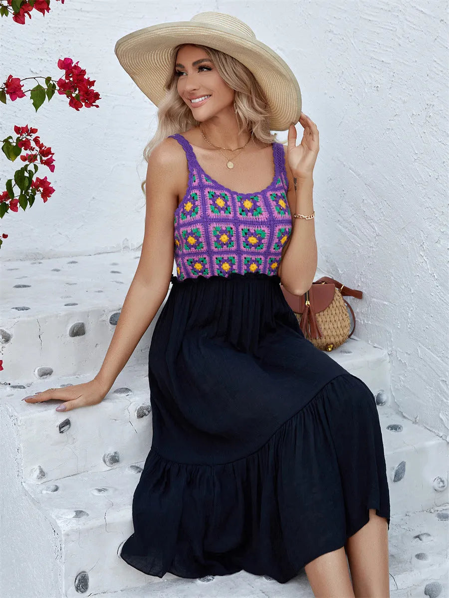 Purple sleeveless dress with hand-stitched floral embroidery, cotton blend fabric, free size fit for women