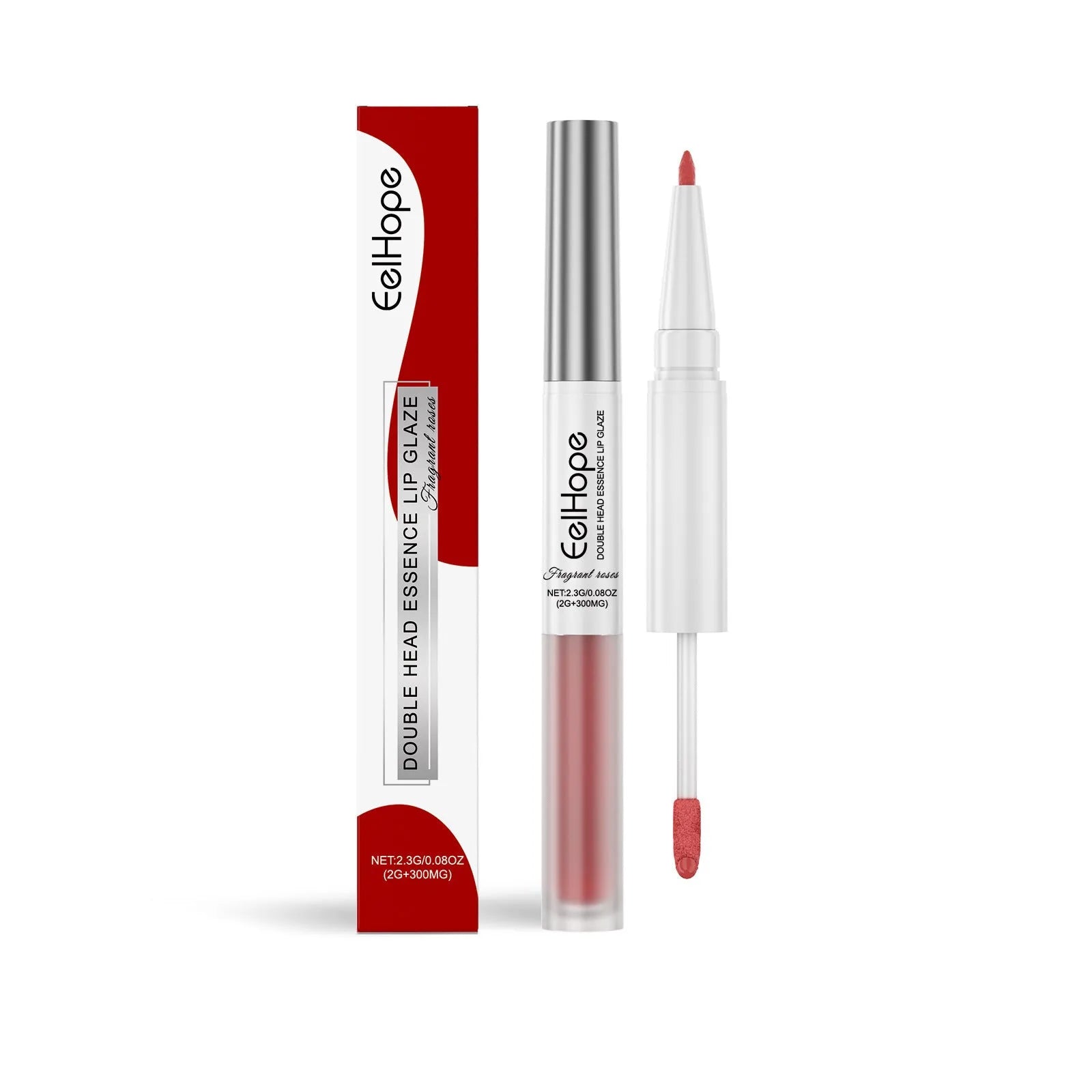 Double-headed lip liner and lip lacquer pen lipstick in twist-up packaging.
