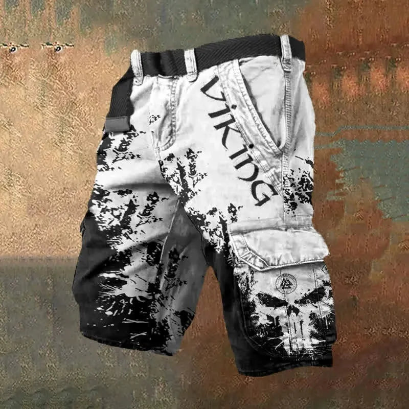 Men's 3D digital printing zipper shorts in polyester, side view showing print and fit, sizes S to 5XL