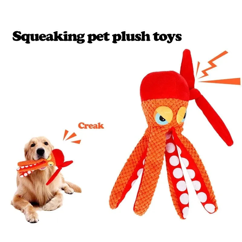 Orange octopus plush dog toy with squeaker for dental cleaning pet supplies