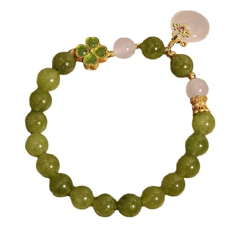 Natural stone green tourmaline four-leaf clover safety buckle bracelet for women, drop-shaped geometric new Chinese style, green colour
