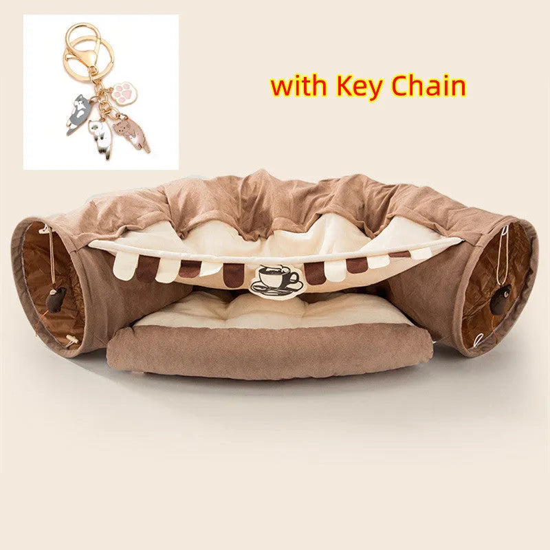 Collapsible pink cloth cat tunnel for small cats folded next to unfolded tunnel