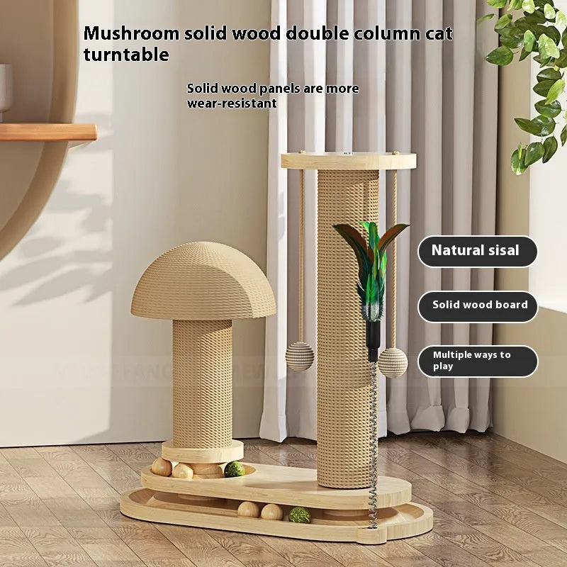 Solid wood cat scratching post with turntable platform in oval mushroom design