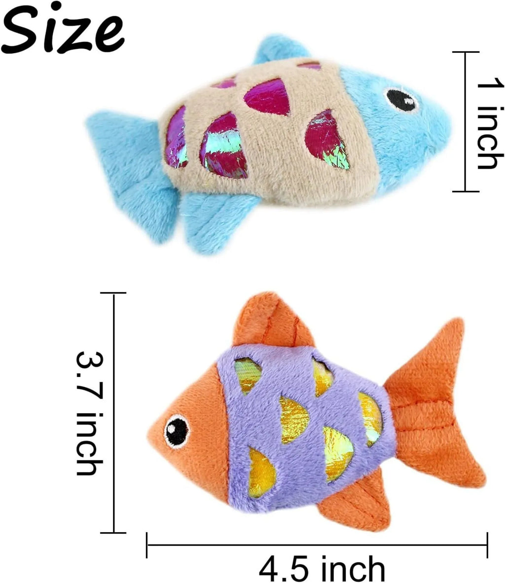 Two soft plush catnip fish toys for cats with crinkle sound, available in blue, orange, and pink.